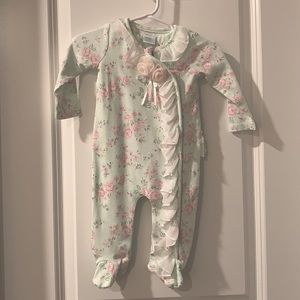Edgehill Collection! Floral spring onesie with rose and ruffle trim.